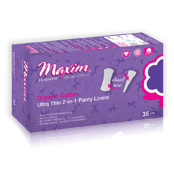 Maxim Organic Cotton Feminine Liners Ultra Thin Light, 12 packs of 35, gentle and breathable pads for everyday protection.