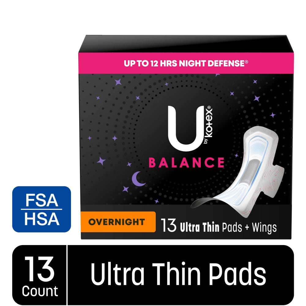 U by Kotex Balance Ultra Thin Overnight Pads with Wings, 13-count feminine pads shown with wings and sleek packaging.