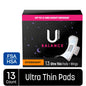U by Kotex Balance Ultra Thin Overnight Pads with Wings, 13-count feminine pads shown with wings and sleek packaging.