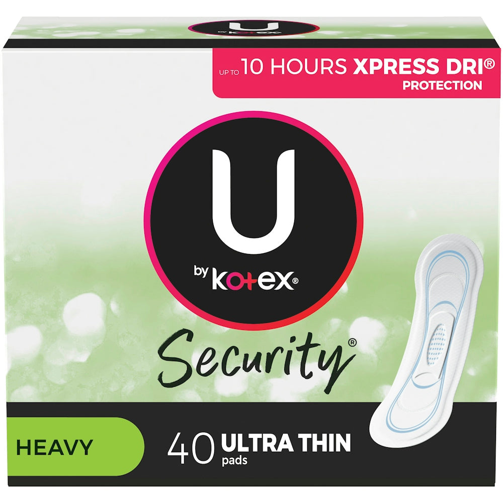 U by Kotex Clean & Secure Ultra Thin Feminine Pads with heavy absorbency, 40-count, shown in package with pads and brand logo.