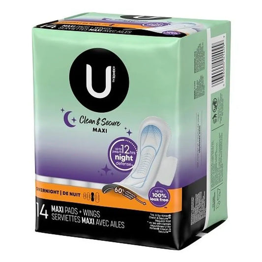 U by Kotex Premium Overnight Maxi Pads with Wings, high-absorbency feminine pads, 112-count case, designed for overnight protection