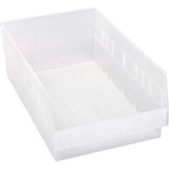 Clear plastic nesting storage shelf bin by Pasteur Pharmacy, measuring 11-1/8 W x 17-7/8 D x 6 H, ideal for filing and organization.