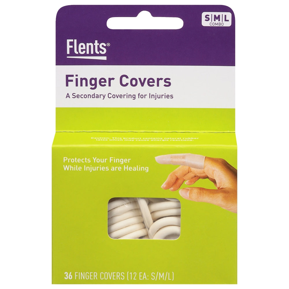 Close-up of Flents First Aid Finger Cots by Pasteur Pharmacy, showing clear protective finger covers for first aid use.
