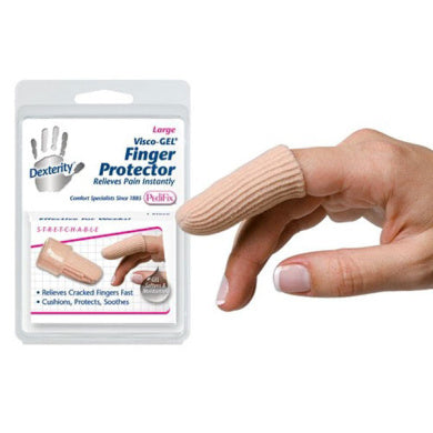 Large Pedifix Visco-Gel Finger Protector on a finger, designed to cushion and protect finger injuries or discomfort.