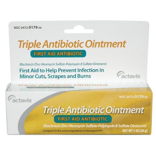 Actavis Triple Antibiotic Ointment in a 1 oz tube, used for minor cuts and skin infections, by Pasteur Pharmacy.