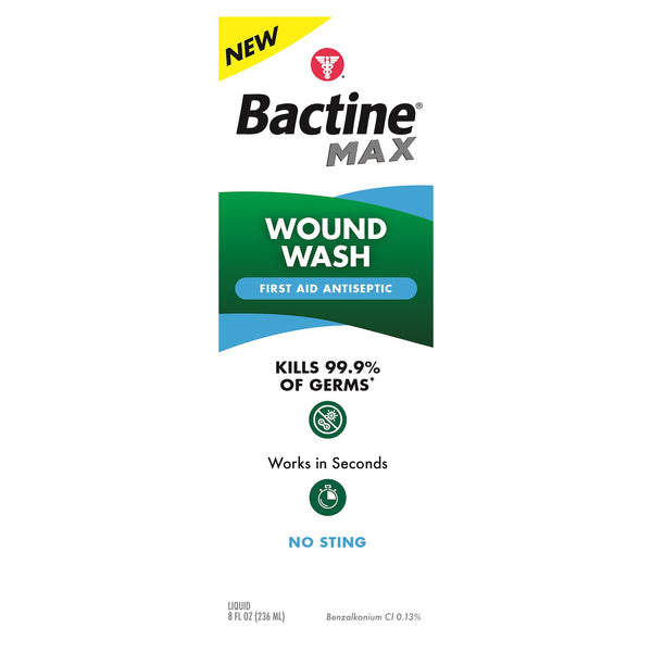 Bactine Max Liquid Wound Wash in 8 fl oz bottle, first aid antiseptic solution for cleaning and disinfecting minor wounds