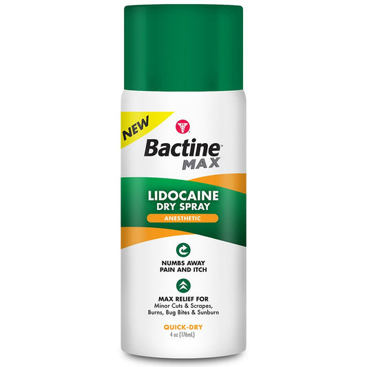 Bactine Max Pain Relief Dry Spray with Lidocaine in 4 oz bottle, first aid antiseptic spray for pain relief and skin disinfectant