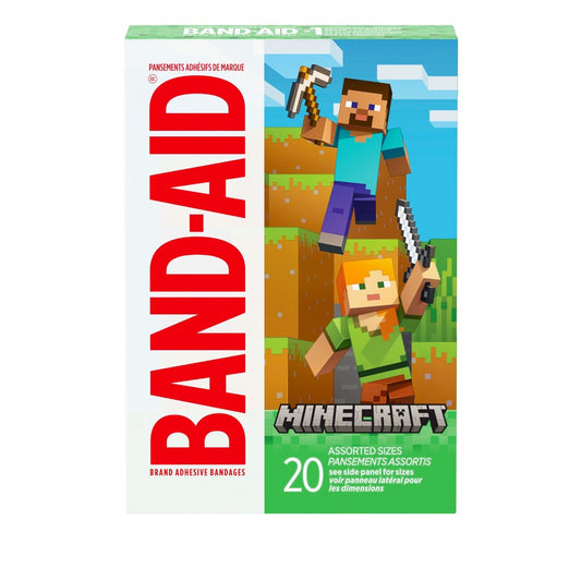 Assorted decorative Minecraft adhesive Band-Aids from Band Aid Brand, 20-count, for first aid and minor cuts.