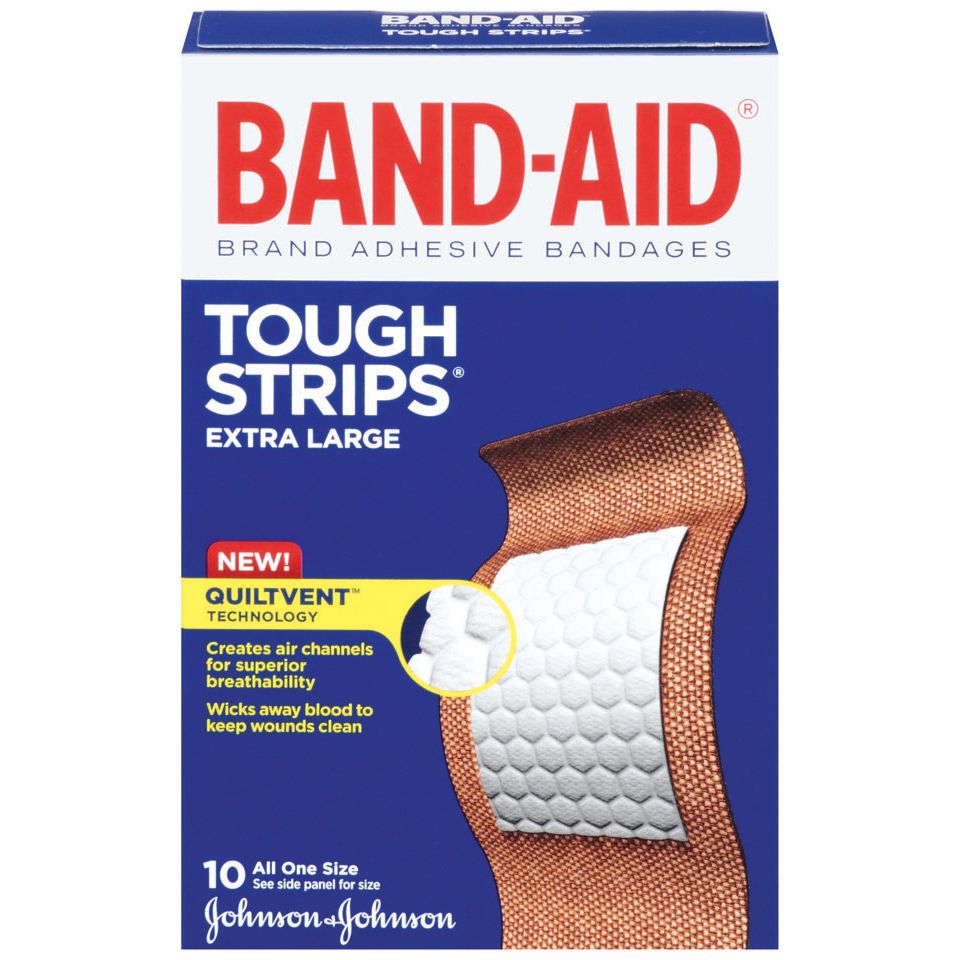 Pasteur Pharmacy Band-Aid Brand Extra Large Tough Strips adhesive bandages in a 10-count box, suitable for large wounds.