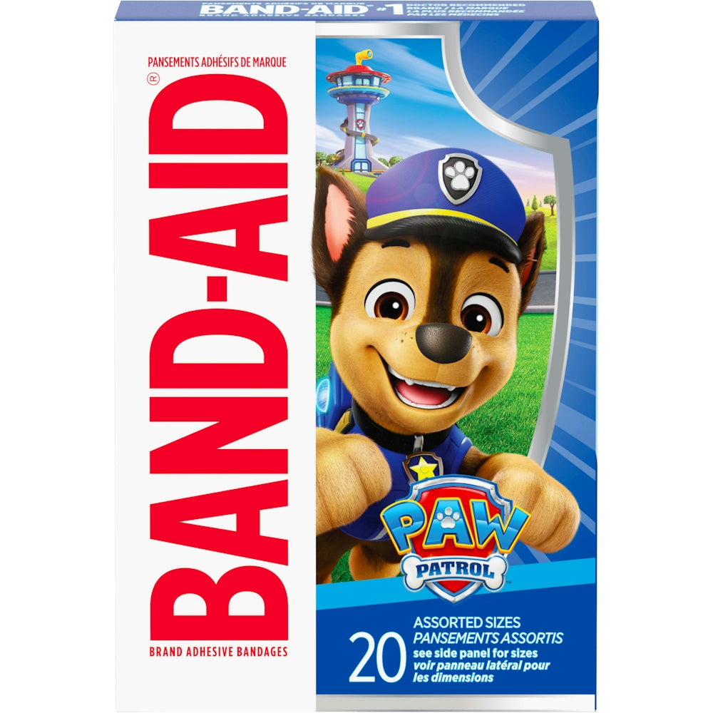 Assorted Paw Patrol adhesive bandages from Band-Aid Brand, first aid supplies with colorful cartoon character designs for kids.