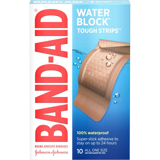 Water Block Band-Aid brand adhesive bandages by Pasteur Pharmacy, tough strips for wound protection, all one size.
