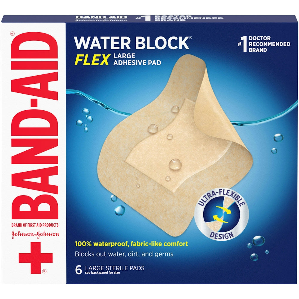Large Band-Aid Brand Water Block Flex waterproof adhesive pads for first aid, designed to protect and cover wounds effectively.