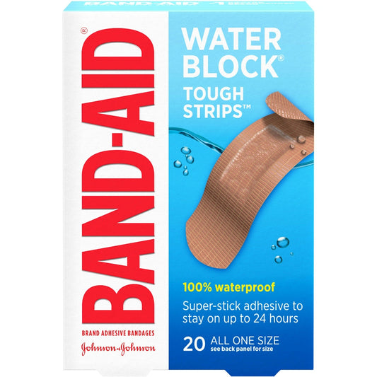 Waterproof Band-Aid® Brand Water Block™ Tough Strips™ adhesive bandages in a box, designed for durable, waterproof wound protection.