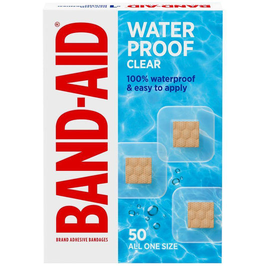 Clear waterproof Band-Aid brand square spot bandages by Pasteur Pharmacy, shown in a first aid kit.