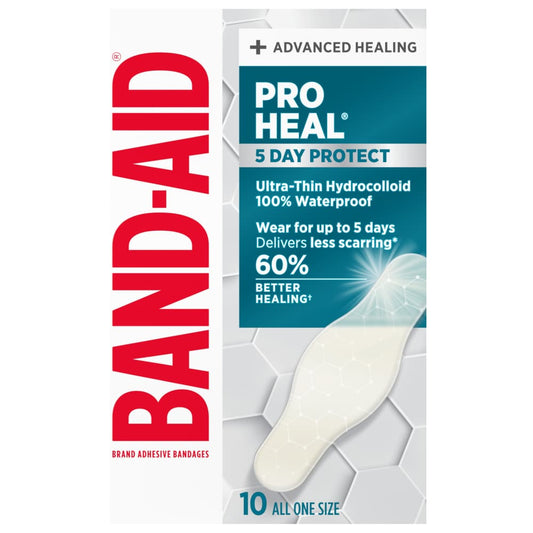 Band-Aid Pro Heal adhesive bandages by Pasteur Pharmacy, 10 all-in-one-size first aid bandages on a white background.