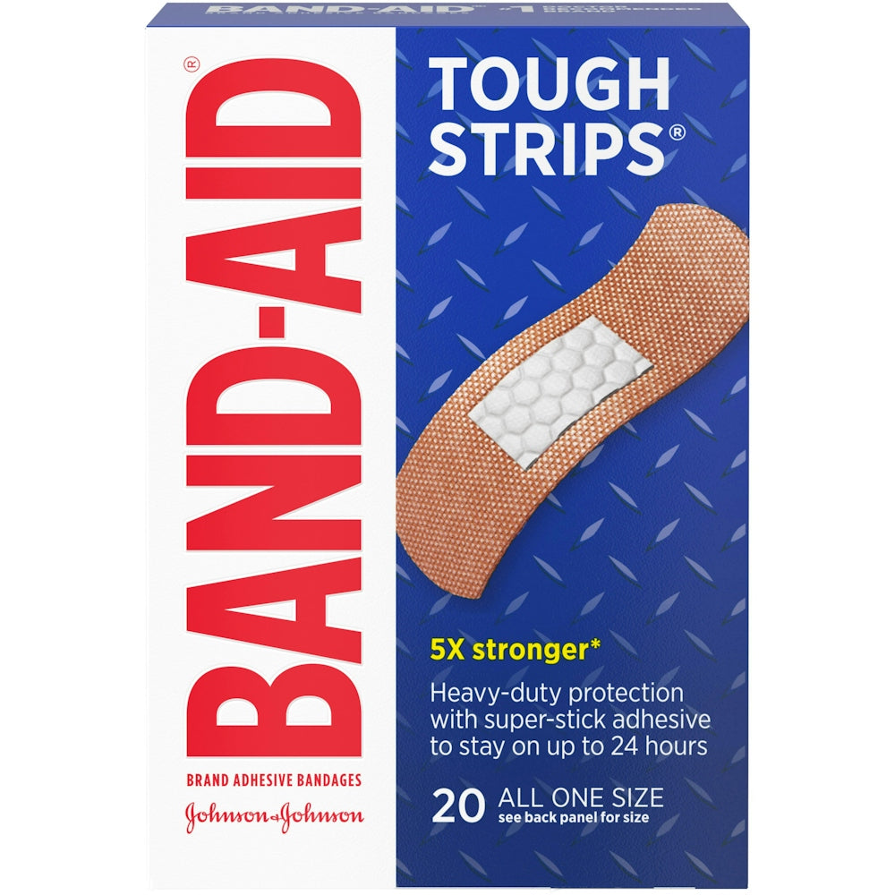 Pasteur Pharmacy Band-Aid Tough Strips adhesive bandages, 20 count, first aid supplies for wound protection and healing.