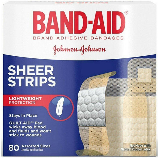 Box of Pasteur Pharmacy Band-aid Tru-Stay Sheer lightweight adhesive bandages for first aid, 80-count.