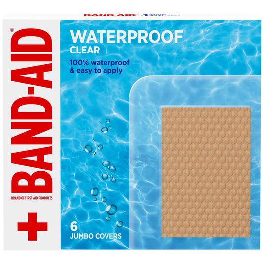 Waterproof Band-Aid first aid jumbo pack by Pasteur Pharmacy, flexible adhesive bandages for wound protection and healing.