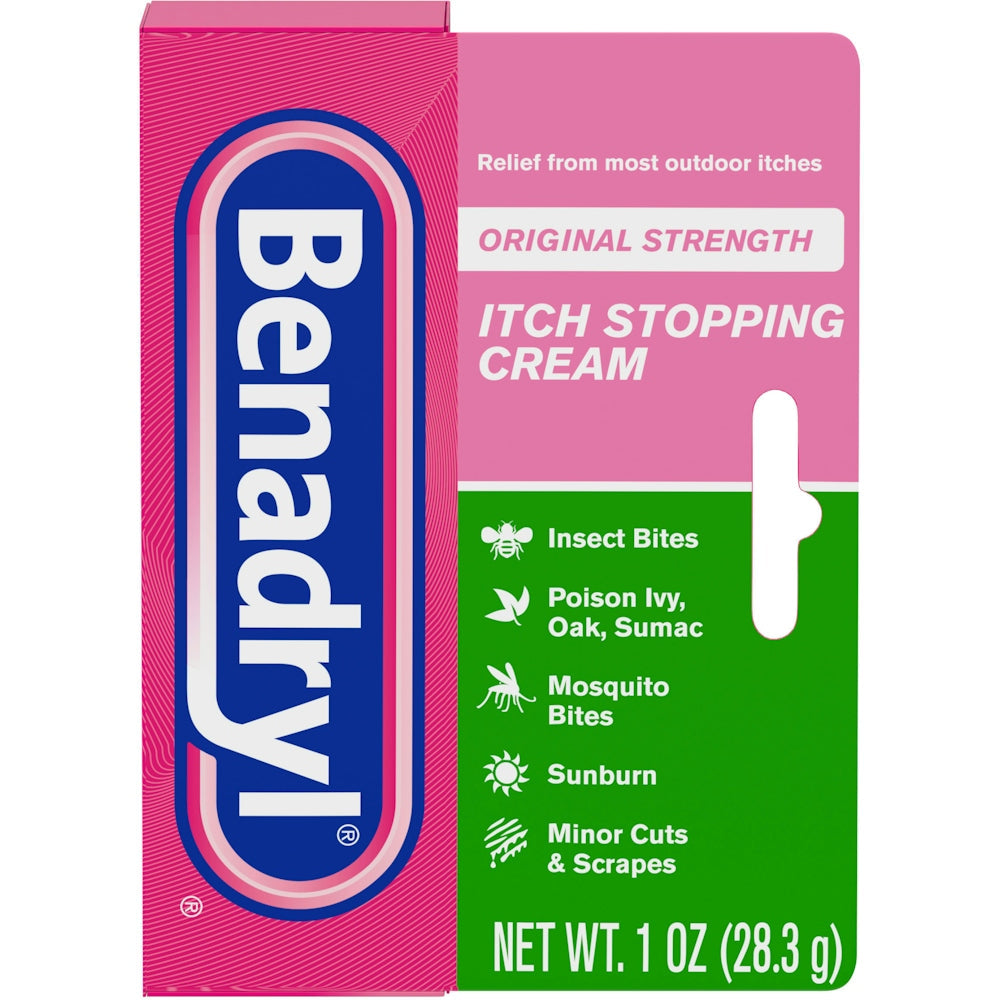 Benadryl Original Strength Itch Stopping Cream for ages 2+ in a 1 oz tube, first aid product with soothing formula