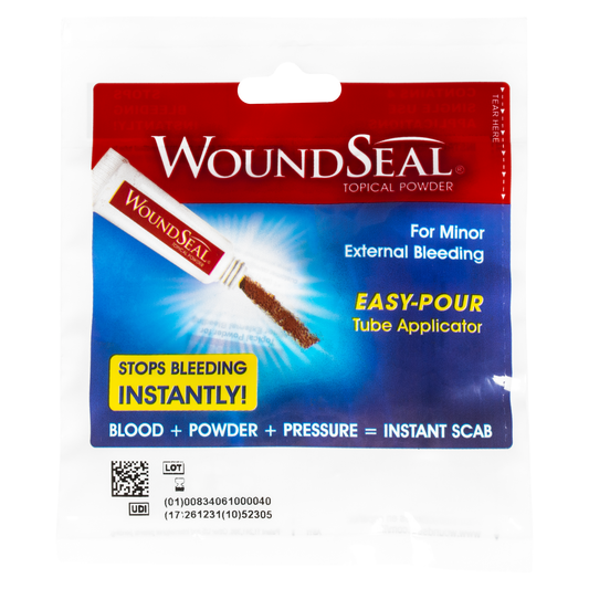 BioLife WoundSeal topical powder from Pasteur Pharmacy for instant bleeding control, shown in a first aid treatment application.