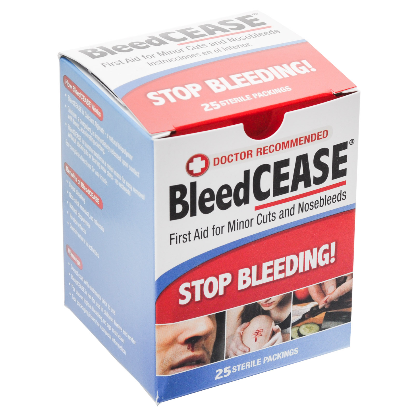 Sterile BleedCease First Aid pack for cuts and nosebleeds by Pasteur Pharmacy, showing sterile dressings and first aid supplies.