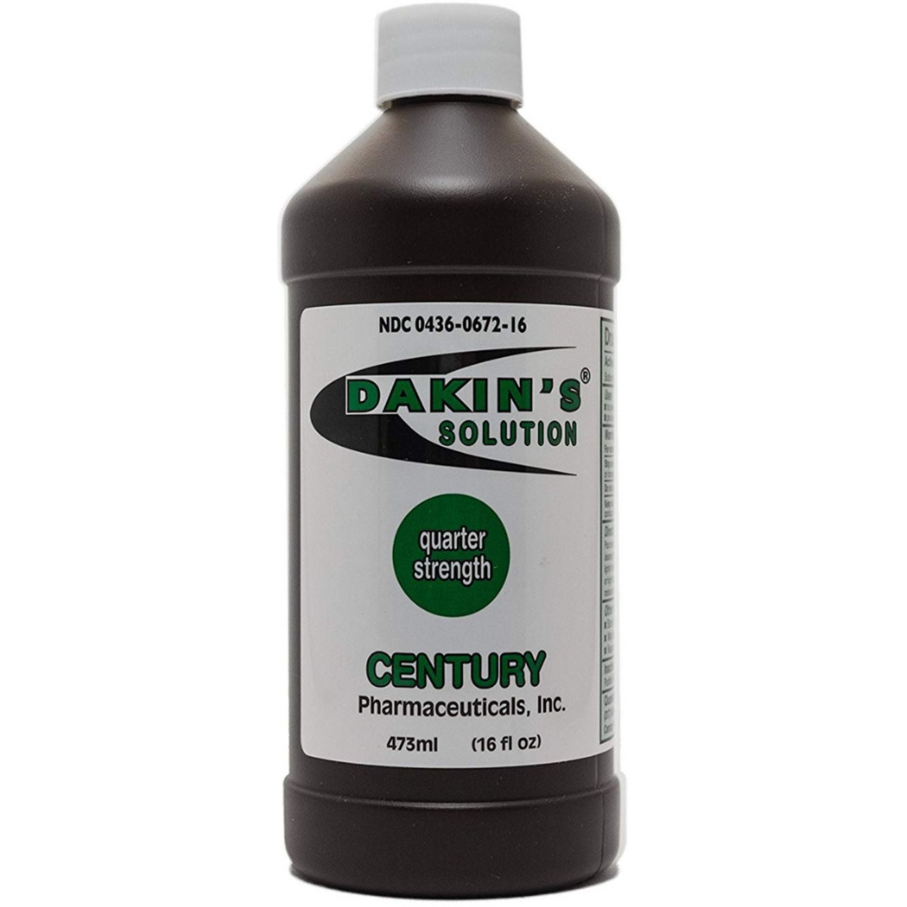 Century Pharmaceuticals Dakin's Solution sodium hypochlorite 0.5% for wounds in a 16 oz bottle, used for first aid and wound care.