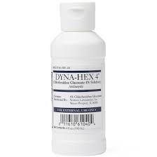 Chlorhexidine Gluconate 4% antiseptic solution in a 118 ml bottle, used for first aid wound cleaning.
