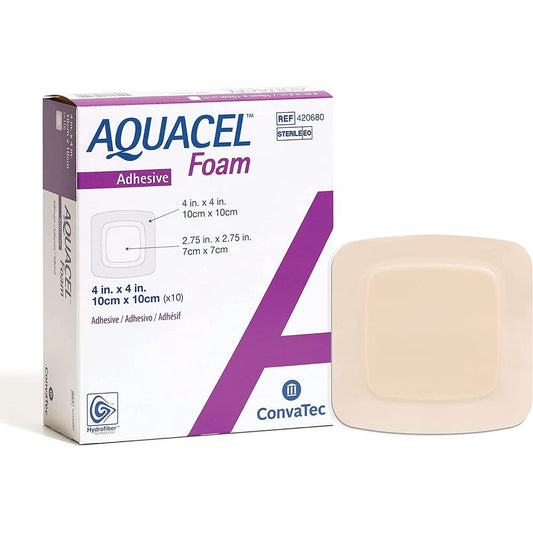 ConvaTec AQUACEL Adhesive Gelling Foam Dressing 4x4 inches, box of 10, for wound care in first aid supplies.
