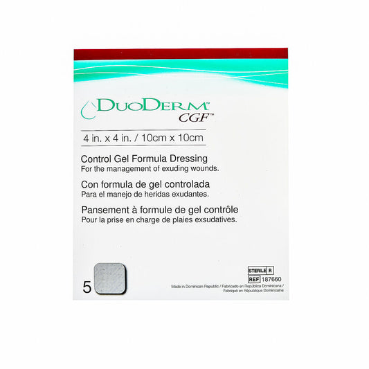 ConvaTec DuoDERM CGF sterile hydrocolloid dressing in a 4x4-inch size for wound care and first aid.