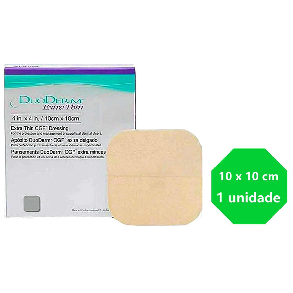 Convatec Duoderm Extra Thin CGF hydrocolloid dressing for wound care, shown in a first aid kit.