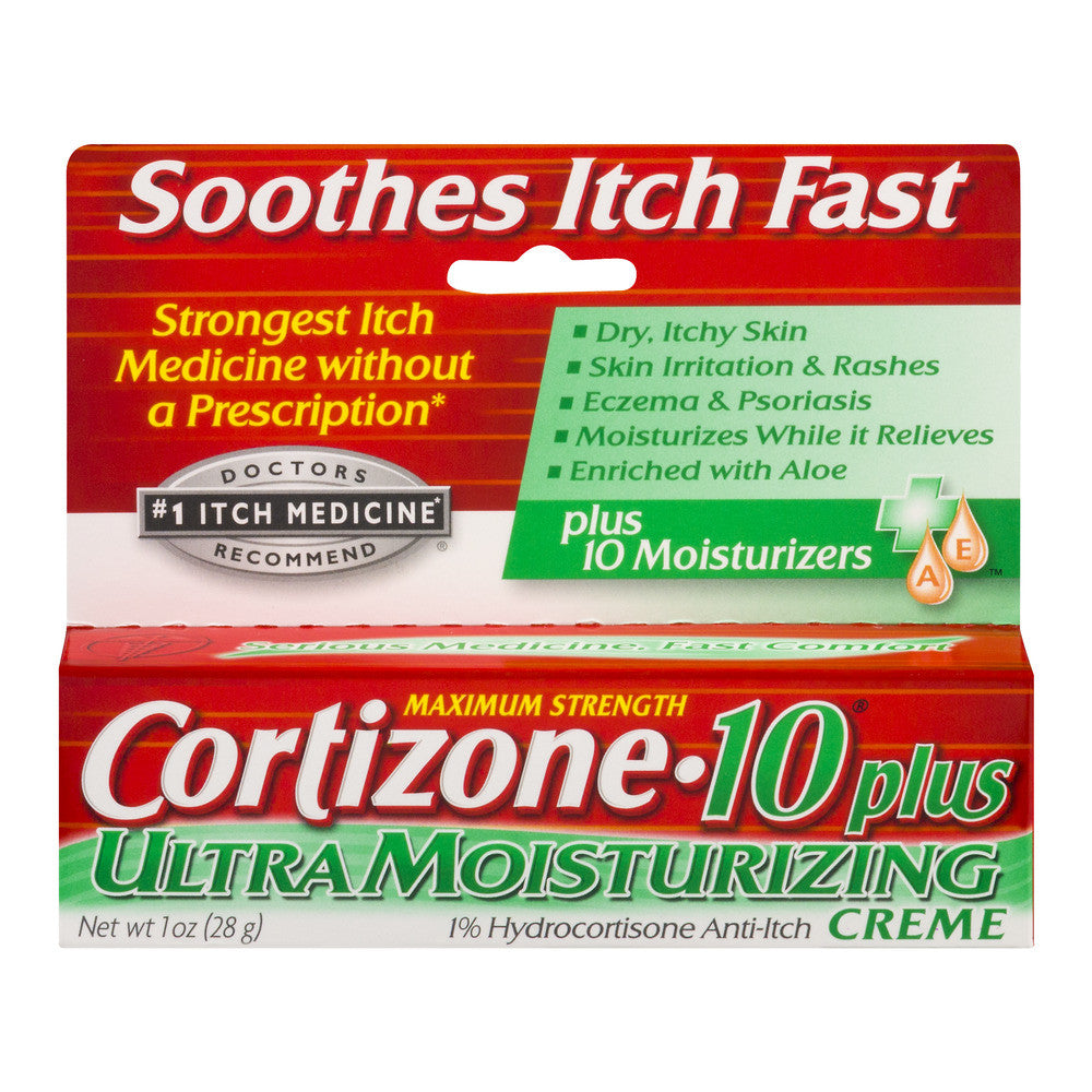 Cortizone-10 Anti Itch Creme Max Strength and Ultra Moisturizing 1 oz tube, first aid treatment for skin irritation and itching.