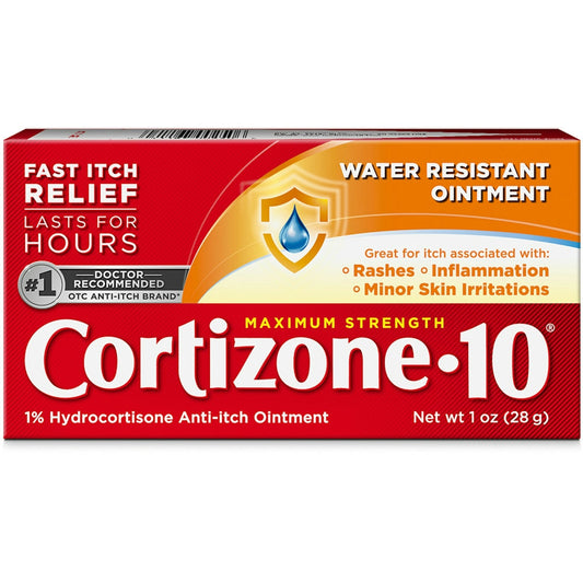 Cortizone 10 Maximum Strength Water-Resistant Anti-Itch Ointment 1% Hydrocortisone 2 oz tube, for fast relief of skin itching.