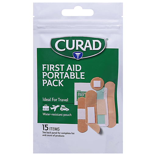 Curad® First Aid Portable Pack with 15 travel-sized first aid supplies in a compact kit by Pasteur Pharmacy