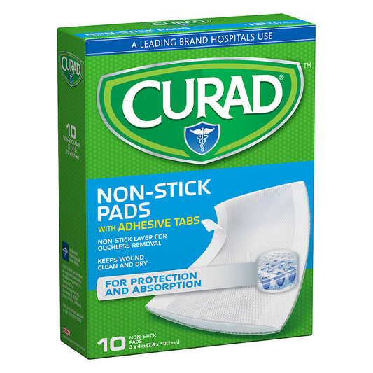 Curad non-stick wound dressing pads with adhesive tabs, 3x4 inches, Pasteur Pharmacy first aid supplies, 10-pack for gentle wound care.