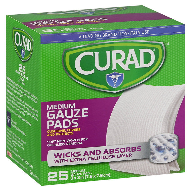 Curad Pro-Gauze premium gauze pads, 3x3 inches, extra absorbent and soft, for first aid wound dressing, 25-pack.