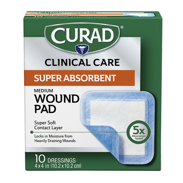 Medium Curad Super Absorbent Wound Pad for first aid, with adhesive backing and absorbent material for wound care.