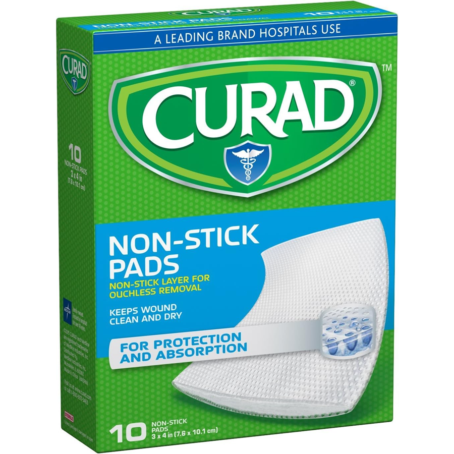 Curad Telfa 2x3-inch non-stick first aid pads, 10-pack, used for wound dressing and protection.