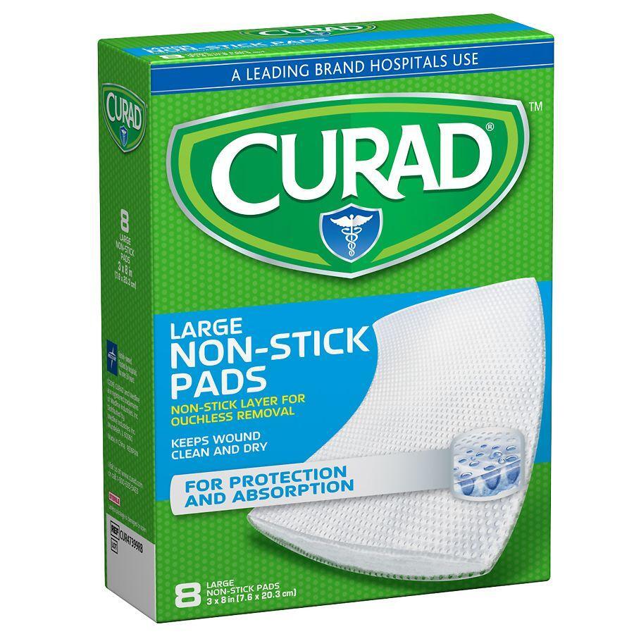 Curad Telfa non-stick first aid pads, 3 x 4 inches, sterile wound dressings with a soft absorbent surface.