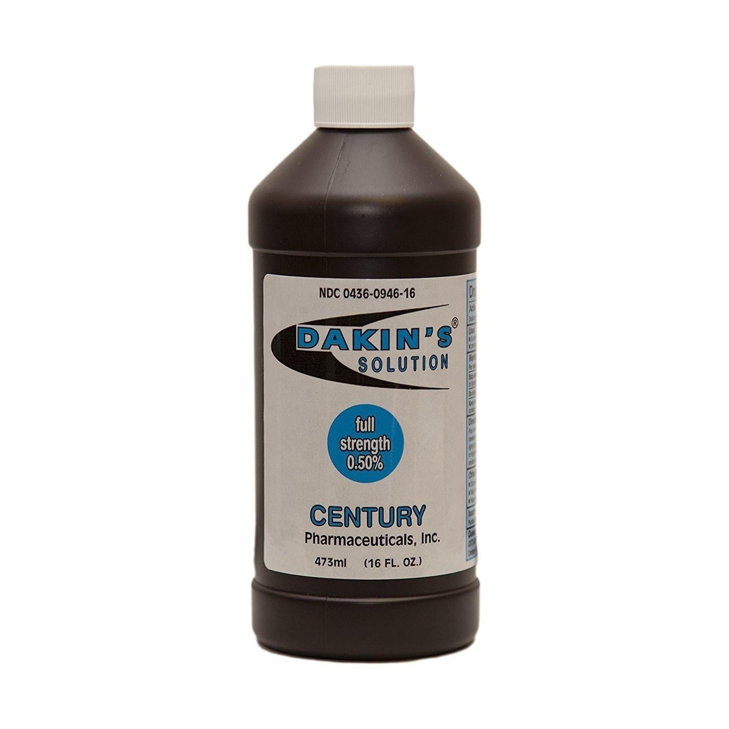 Dakin's Century Pharmaceuticals Solution Full Strength in a 16 oz bottle, used as a first aid antiseptic and disinfectant.