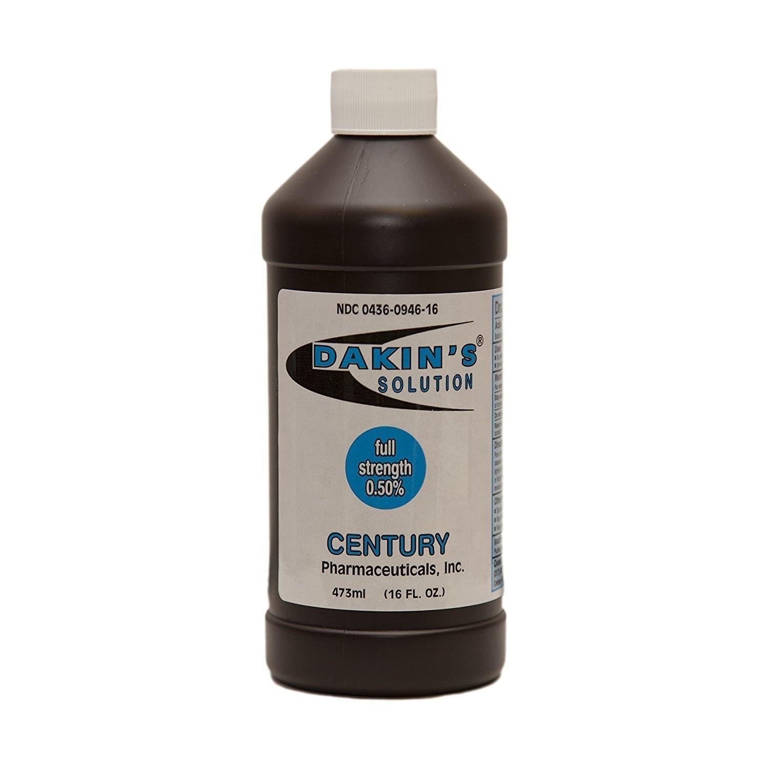 Dakin's Century Pharmaceuticals Solution Full Strength in a 16 oz bottle, used as a first aid antiseptic and disinfectant.