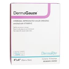 Sterile 4x4 inch Dermagauze™ DS impregnated dressing for first aid, latex-free, from Pasteur Pharmacy, shown in packaging.