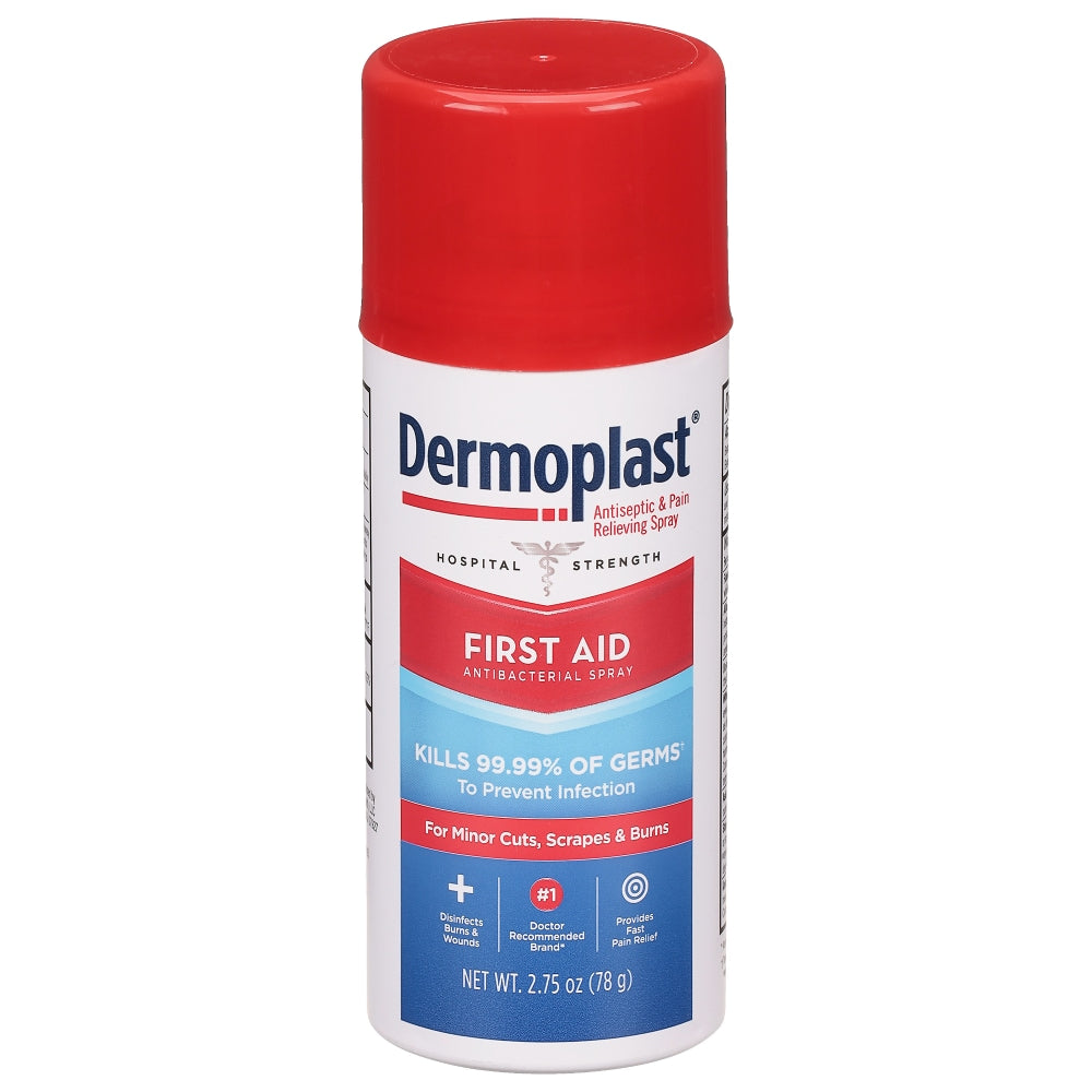 Dermoplast First Aid Antiseptic and Anesthetic Spray in 2.75 ounces, used for pain relief and infection prevention.