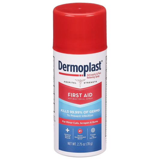 Dermoplast First Aid Antiseptic and Anesthetic Spray in 2.75 ounces, used for pain relief and infection prevention.