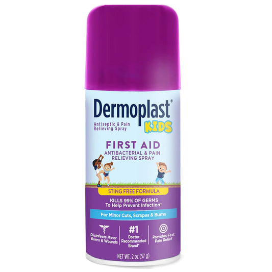 Dermoplast Kids First Aid No-Sting Spray in 2 oz bottle, gentle pain relief spray for children’s minor cuts and scrapes.