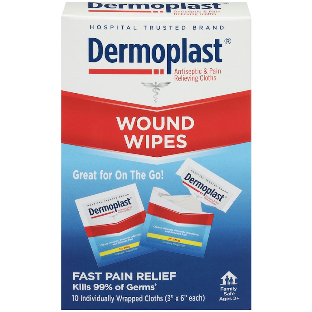 Dermoplast Wound Wipes in a pack of 10, first aid antiseptic wipes from Pasteur Pharmacy for wound cleaning and care.