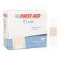 Dukal American White Cross transparent adhesive strips for first aid, with sterile, flexible bandages on a white background.