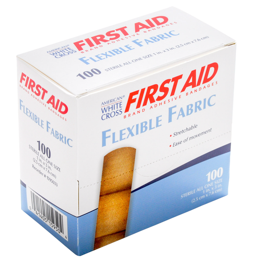 Flexible white fabric Dukal first aid bandage with white cross, 1x3 inches, used for wound dressing and support.