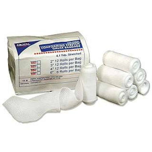 Dukar non-sterile conforming stretch gauze for first aid, pink and white medical bandage on a sterile surface