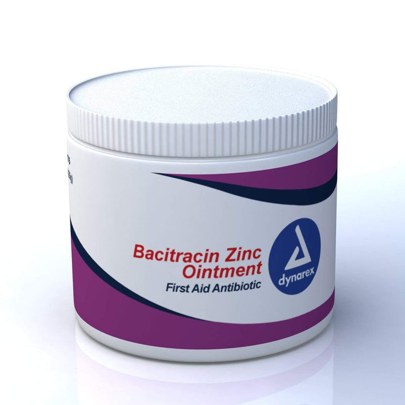 Dynarex Bacitracin Zinc First Aid Antibiotic Ointment in a 15-ounce jar, used for minor skin infections and wound care.