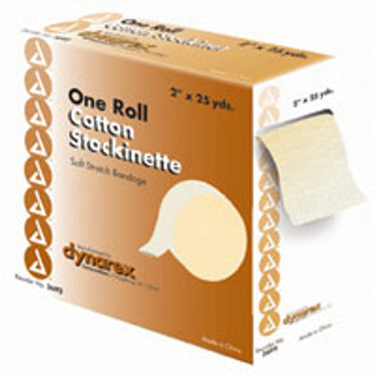 Dynarex Cotton Stockinette soft stretch tubular bandage, 3-inch by 25 yards, used for first aid support and wound protection.